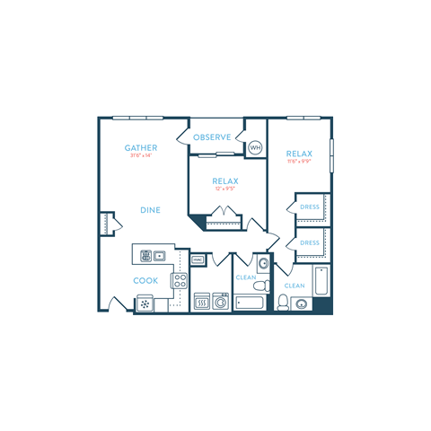 Floor plan for 2 beds, 2 baths, 1175 sqft